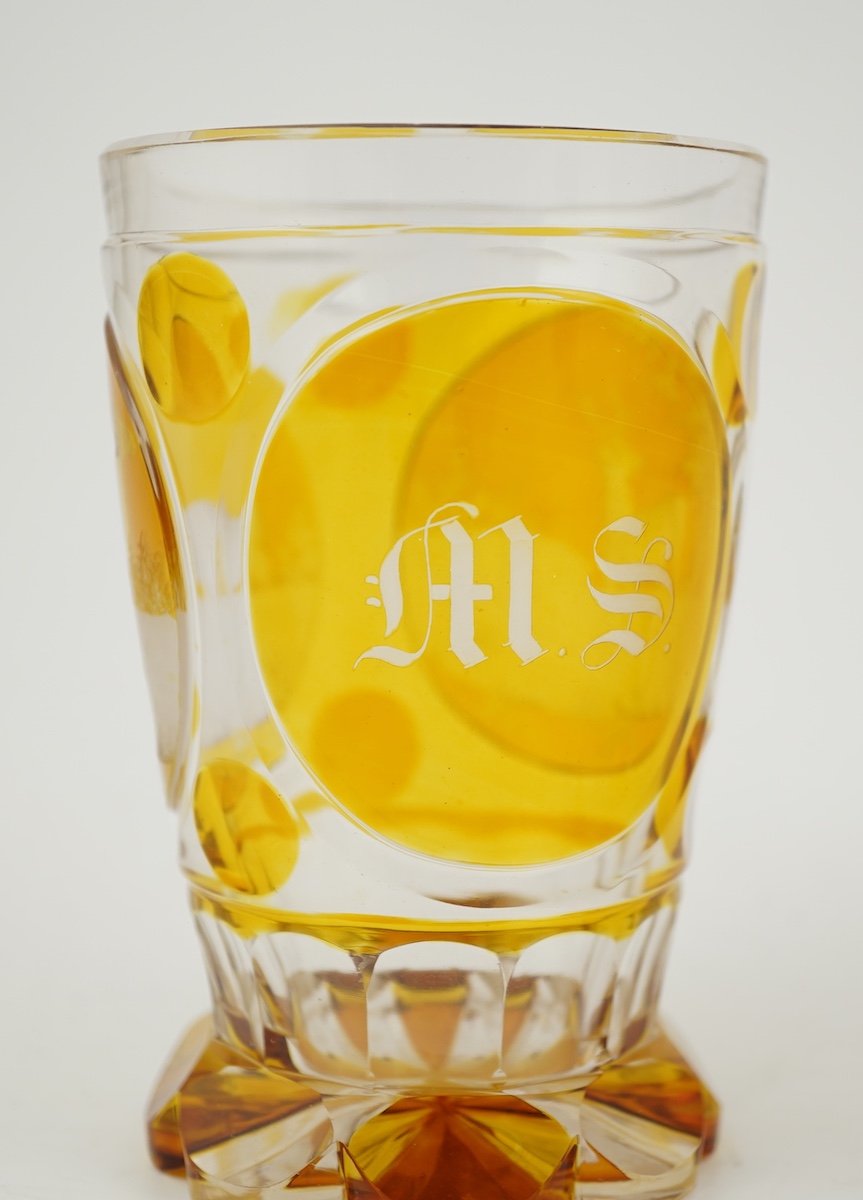 Horse interest - two German amber flashed beakers and two engraved rummers, 19th century